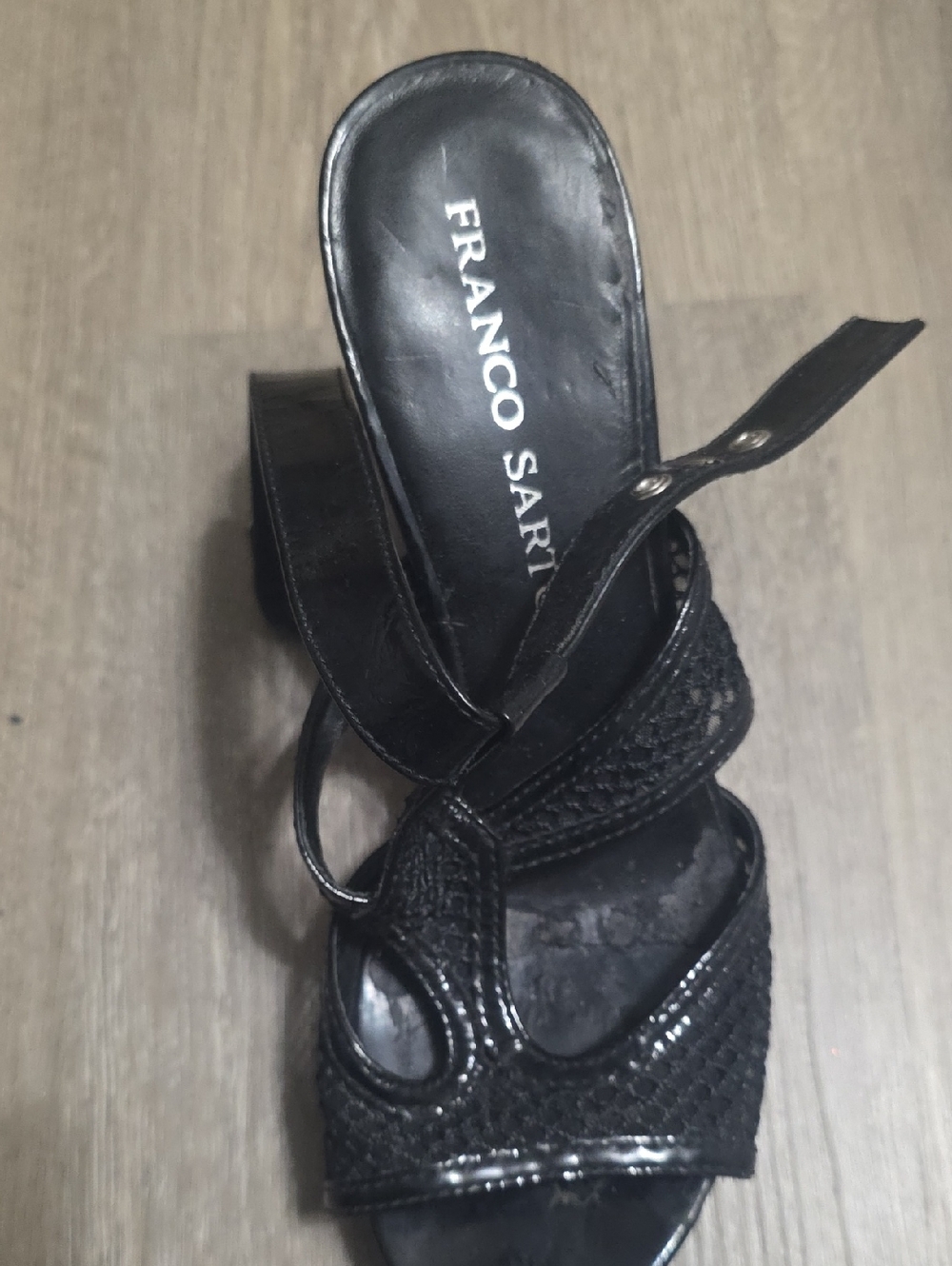Franco Sarto Black Woven Patent Mid-Heel Sandals